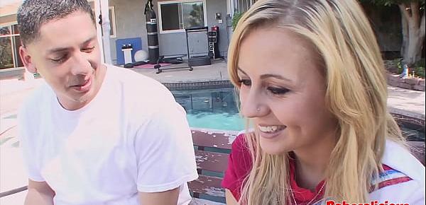  Babesalicious - Blonde Cheerleader Fucked Outside By Two Guy